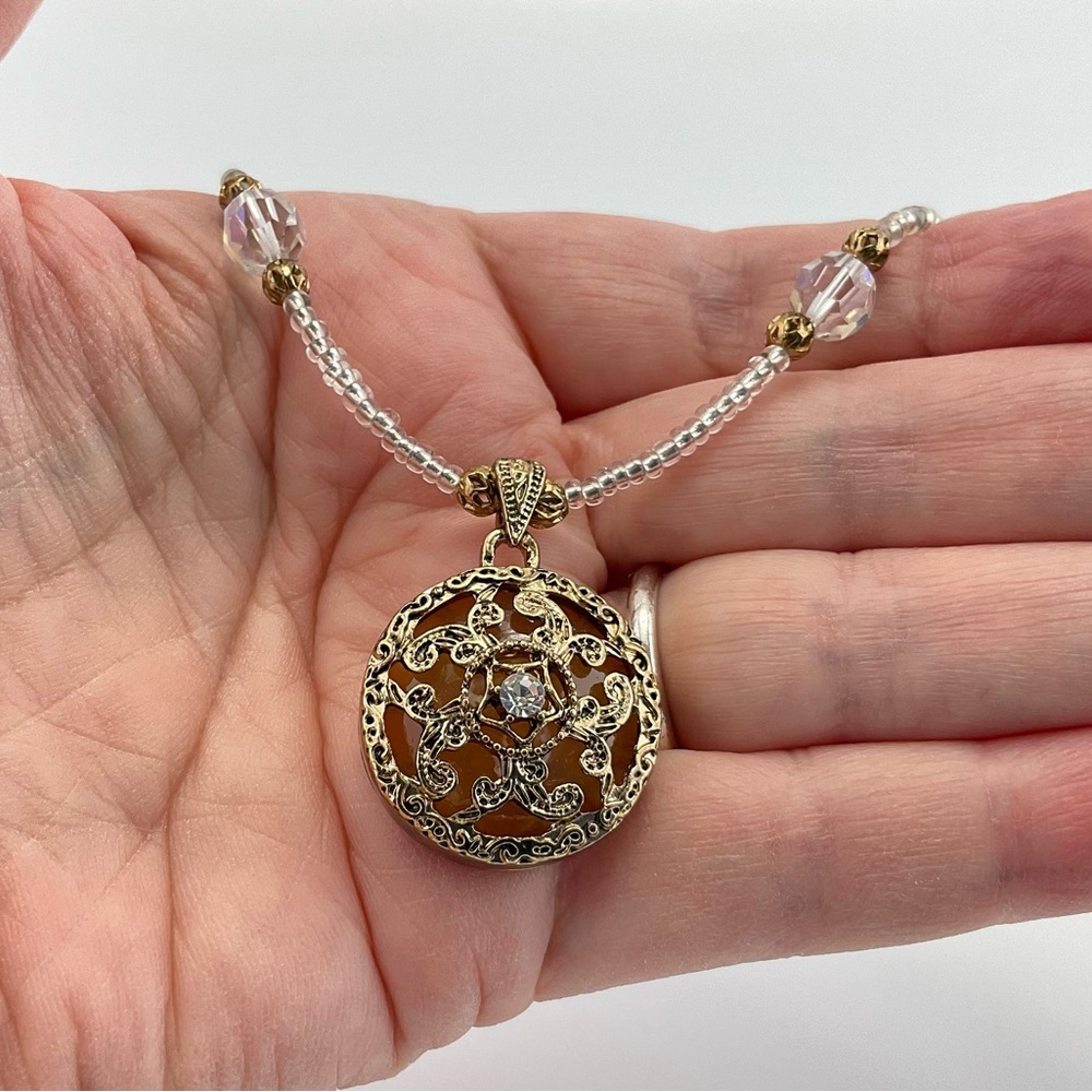Host Pick! Antique Gold Filigree Pendant Necklace With Aurora Borealis Crystals - Picture 9 of 13